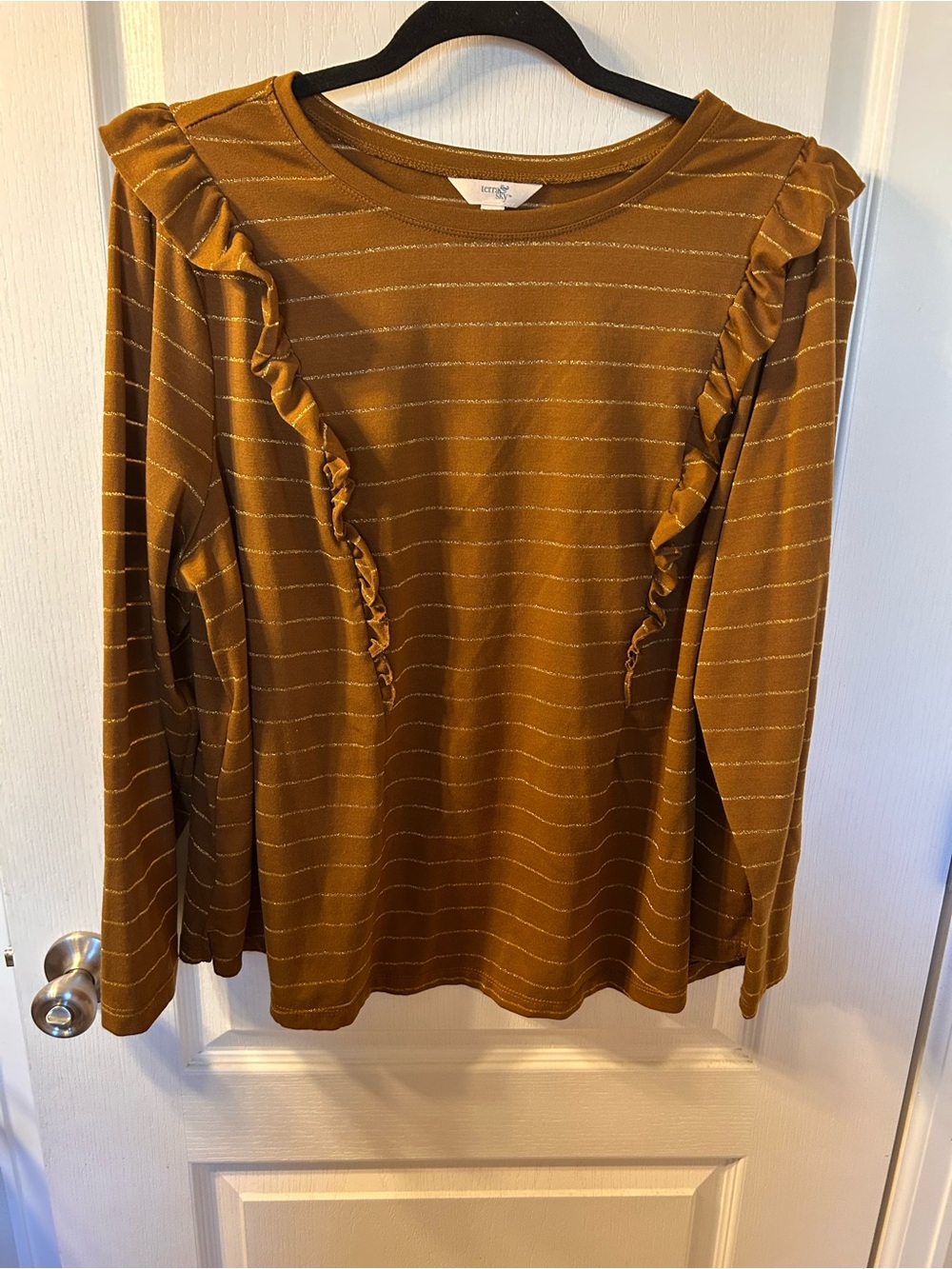 Terra & Sky Brown Mustard Striped Ruffle Long-Sleeve Top